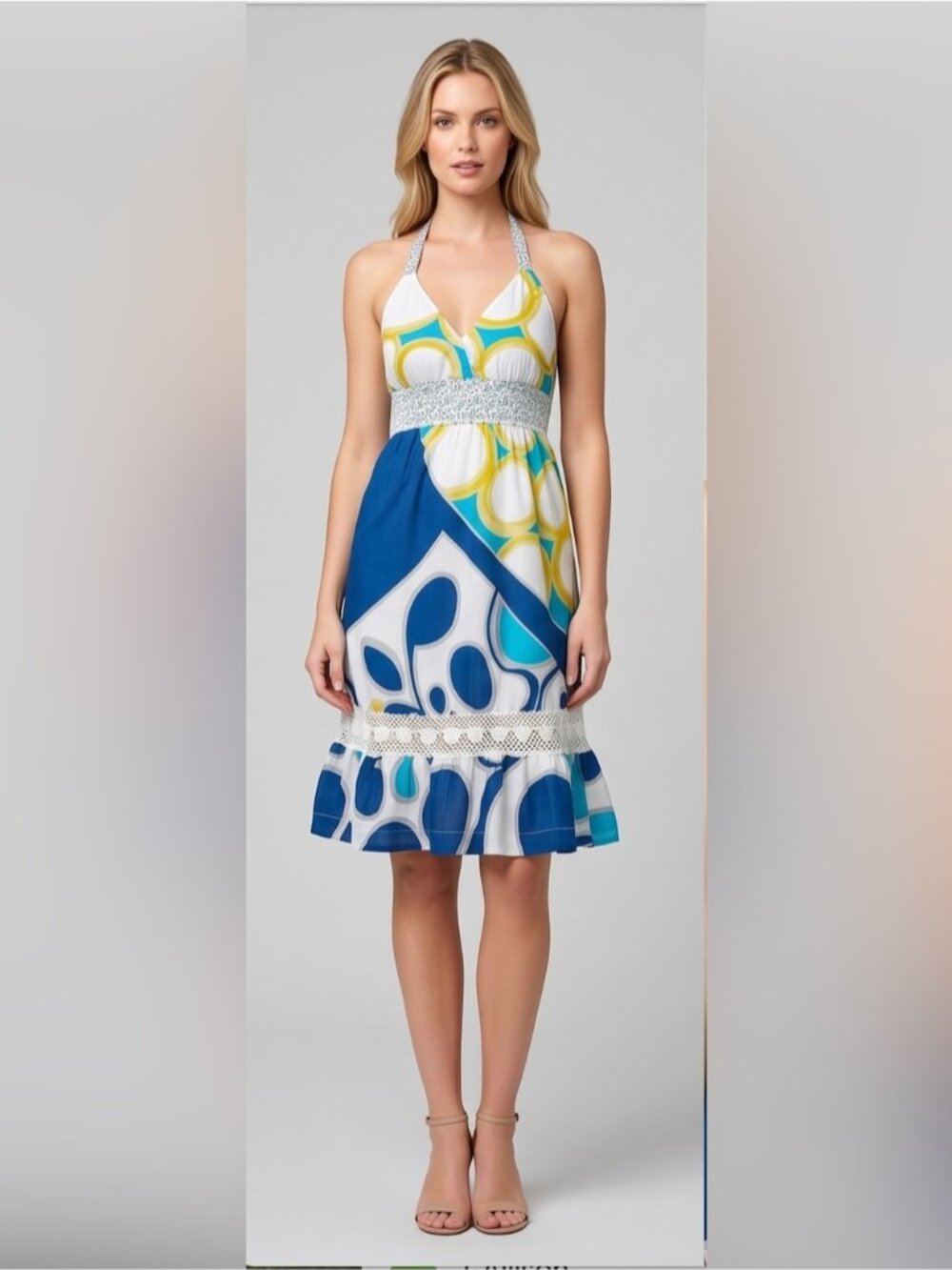 ROXY Geometric Abstract Halter Dress Crochet Lace Trim Ruffle Blue Yellow